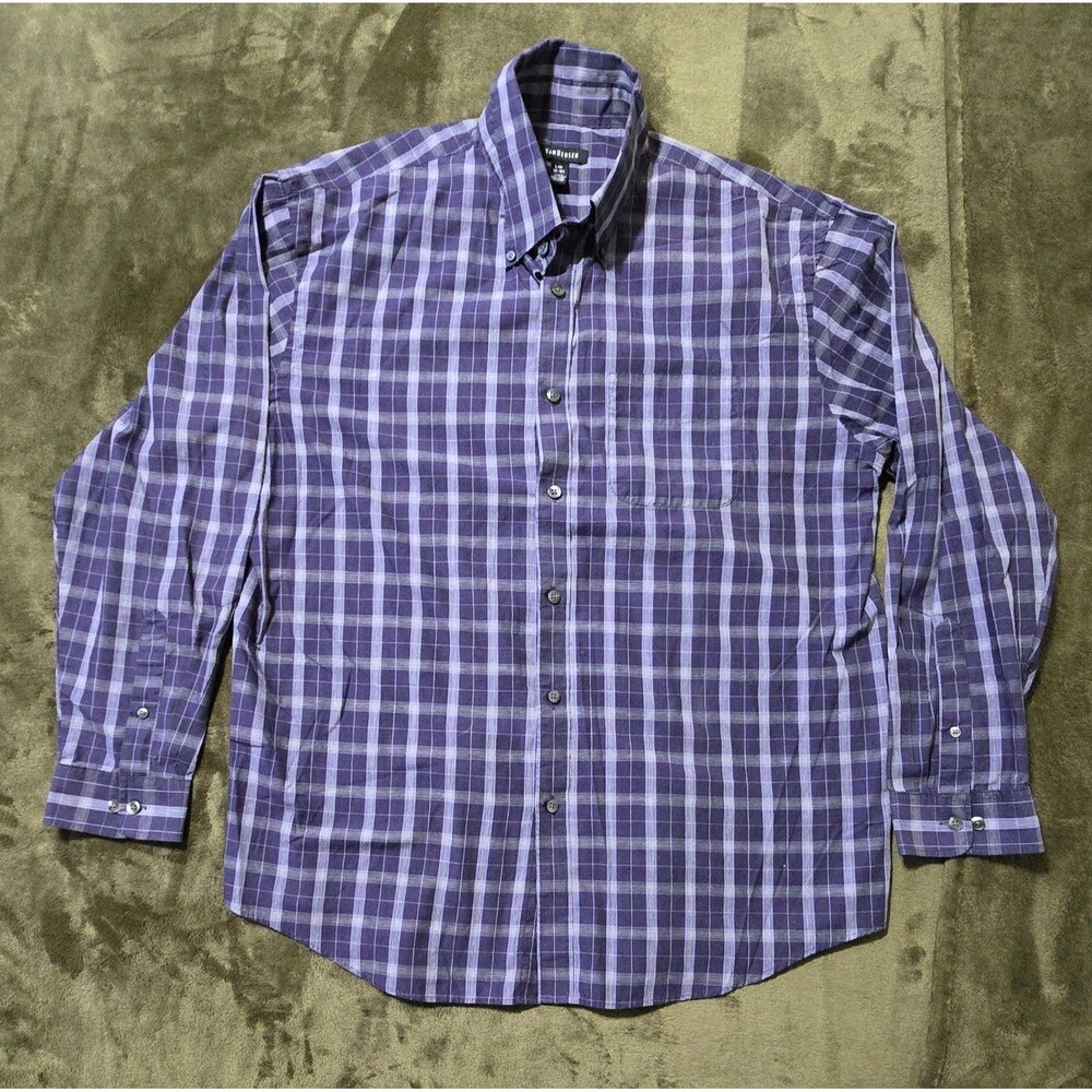 Van Heusen Men's Button Down Long Sleeve Dress Shirt Blue Plaid Large
